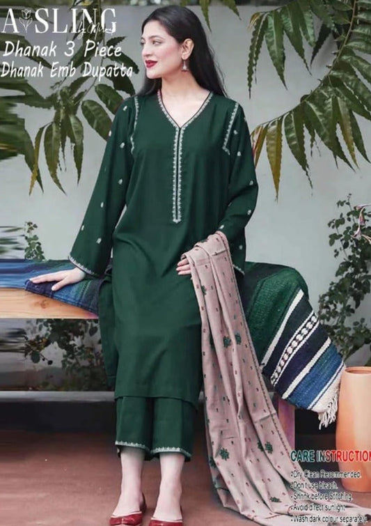 Embroidered 3Pc Dhanak Suit With Embroidered Shawl