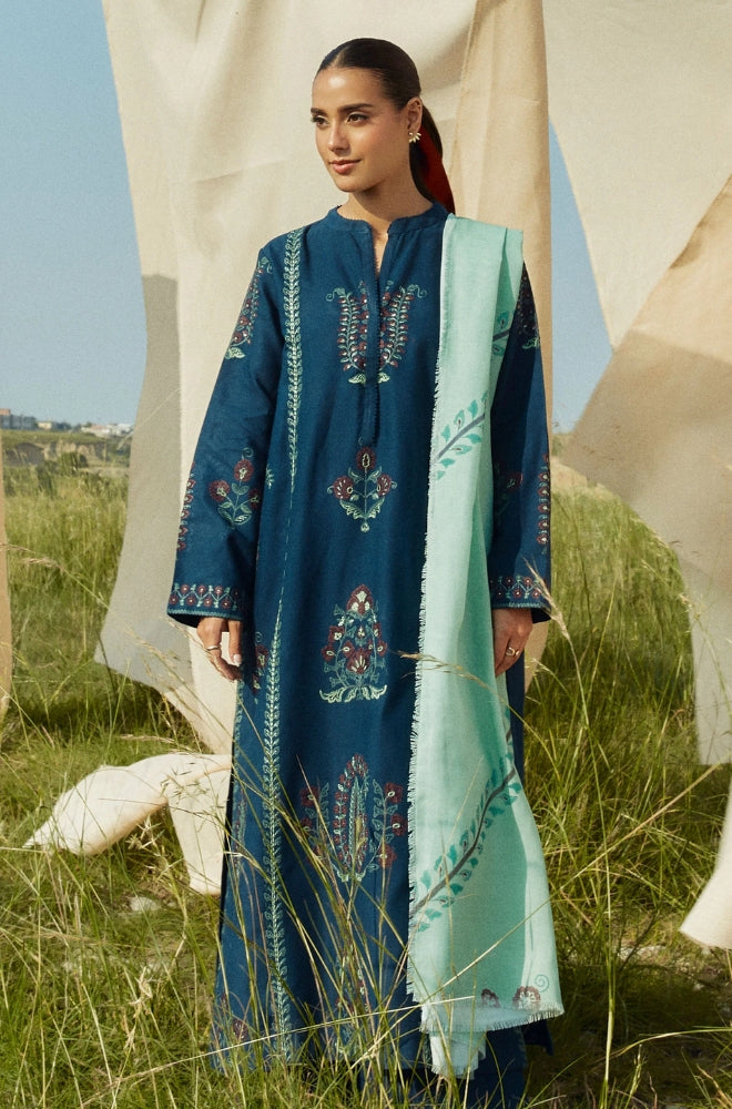 Zara Shah Jahan - 3PC Unstitched Dhanak Embroidered Shirt with Printed Pashmina Shawl and Trouser - RF1260