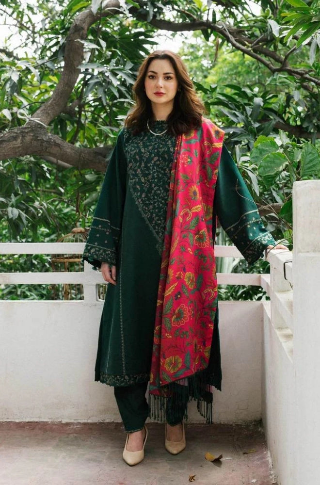 Zara Shah Jahan - 3PC Unstitched Dhanak Embroidered Shirt with Printed Pashmina Wool Shawl and Trouser - RF1226