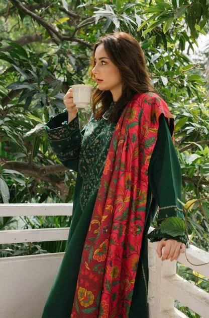 Zara Shah Jahan - 3PC Unstitched Dhanak Embroidered Shirt with Printed Pashmina Wool Shawl and Trouser - RF1226