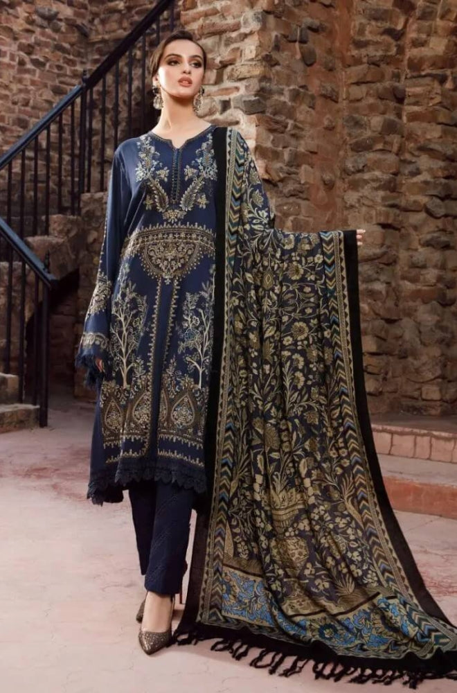 Maria B - 3PC Unstitched Dhanak Embroidered Shirt with Printed Wool Shawl and Trouser - RF1206