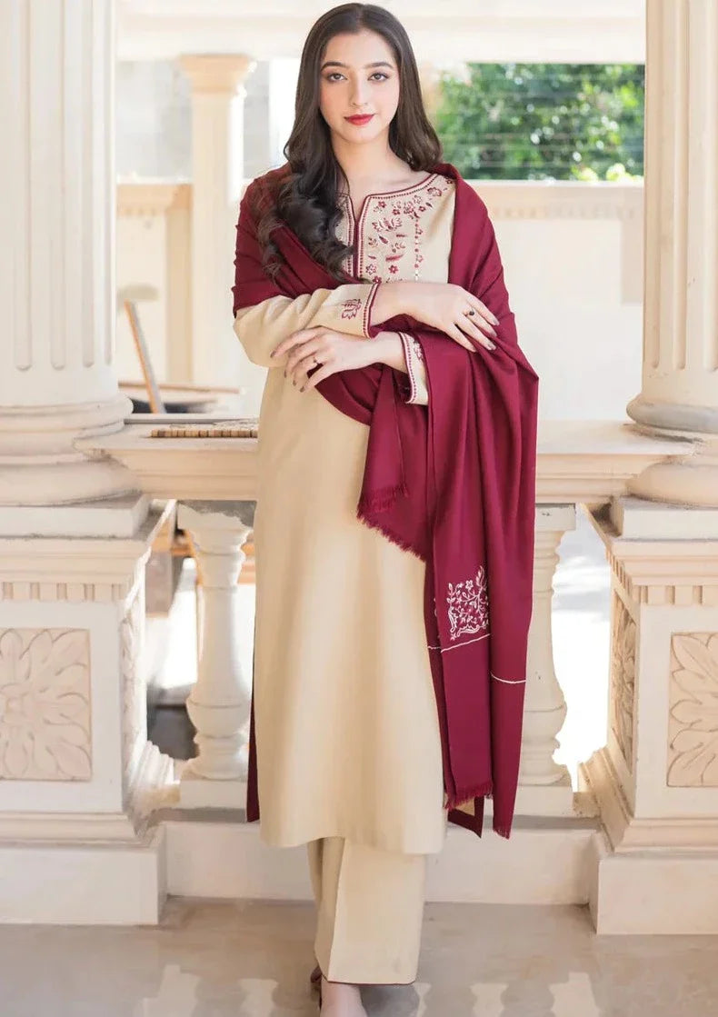 EMBROIDERED 3PC DHANAK SUIT WITH EMBROIDERED SHAWL