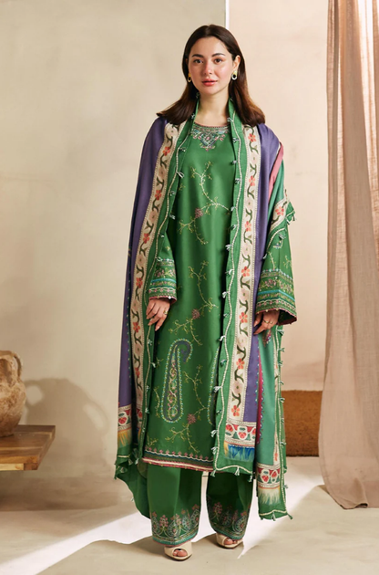 Zara Shah Jahan - 3PC Unstitched Dhanak Embroidered Shirt with Digital Printed Pashmina Wool Shawl and Embroidered Trouser - RF1137