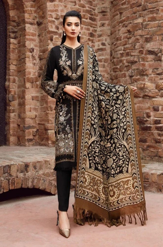 Maria B - 3PC Unstitched Dhanak Embroidered Shirt with Printed Pashmina Wool Shawl and Trouser - RF1196