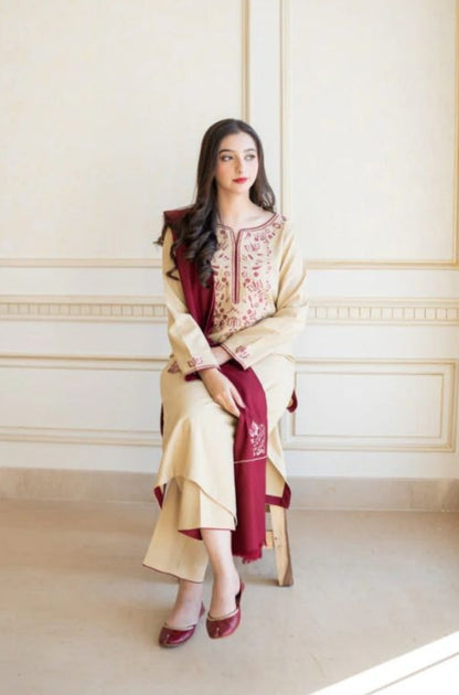 Aisling - 3PC Unstitched Dhanak Embroidered Shirt with Dhanak Embroidered Shawl and Trouser - RF1152