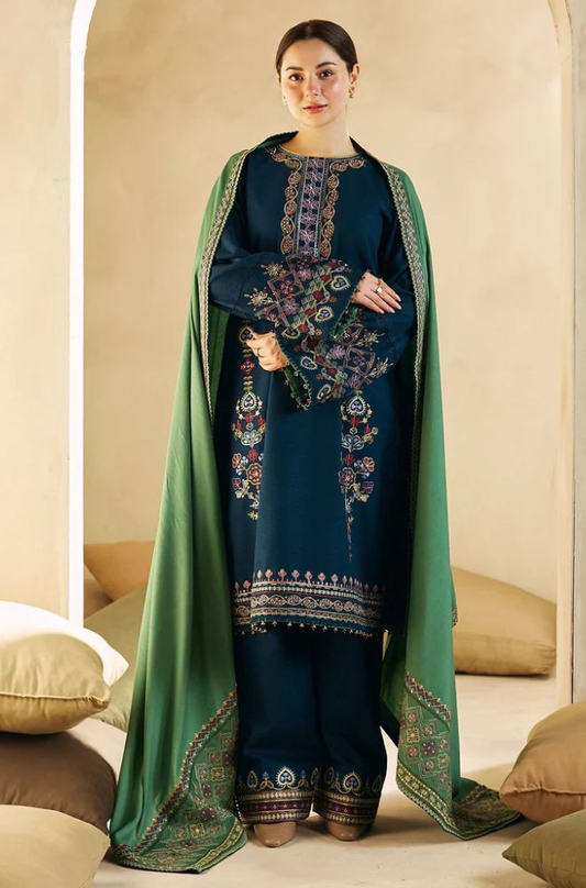 Zara Shah Jahan - 3PC Unstitched Dhanak Embroidered Shirt with Embroidered Dhanak Shawl and Trouser - RF1128