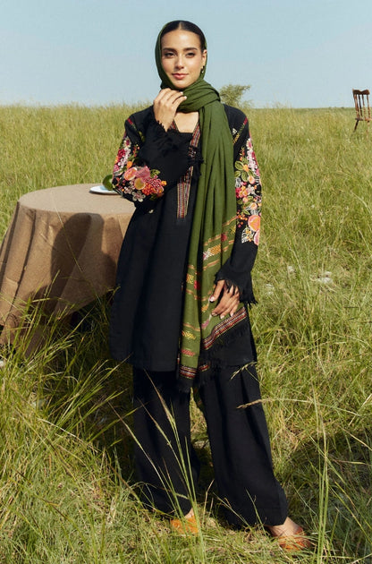 Zara Shah Jahan - 3PC Unstitched Dhanak Embroidered Shirt with Printed Pashmina Shawl and Trouser - RF1255