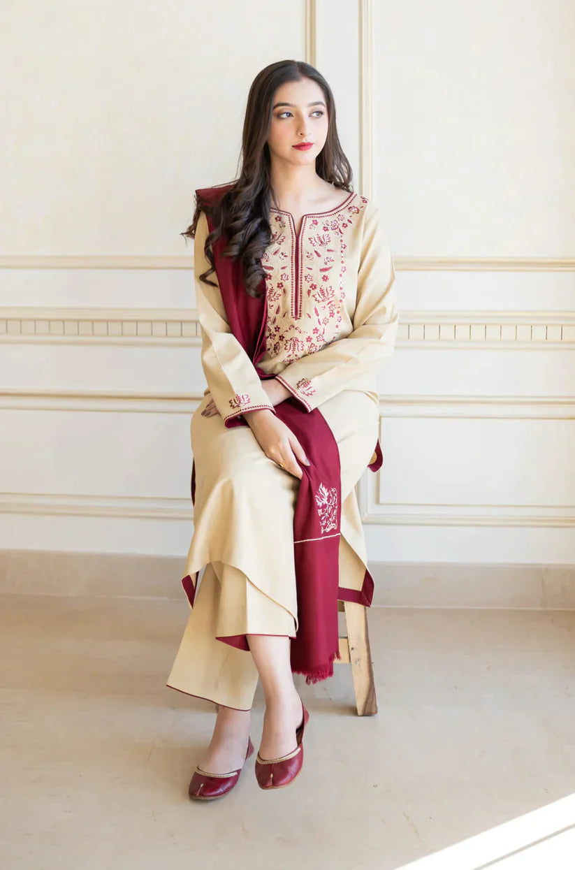 EMBROIDERED 3PC DHANAK SUIT WITH EMBROIDERED SHAWL