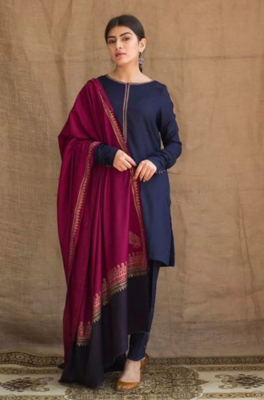 Zarpash - 3PC Unstitched Dhanak Neckline Embroidered Shirt with Printed Wool Shawl and Trouser - RF1222