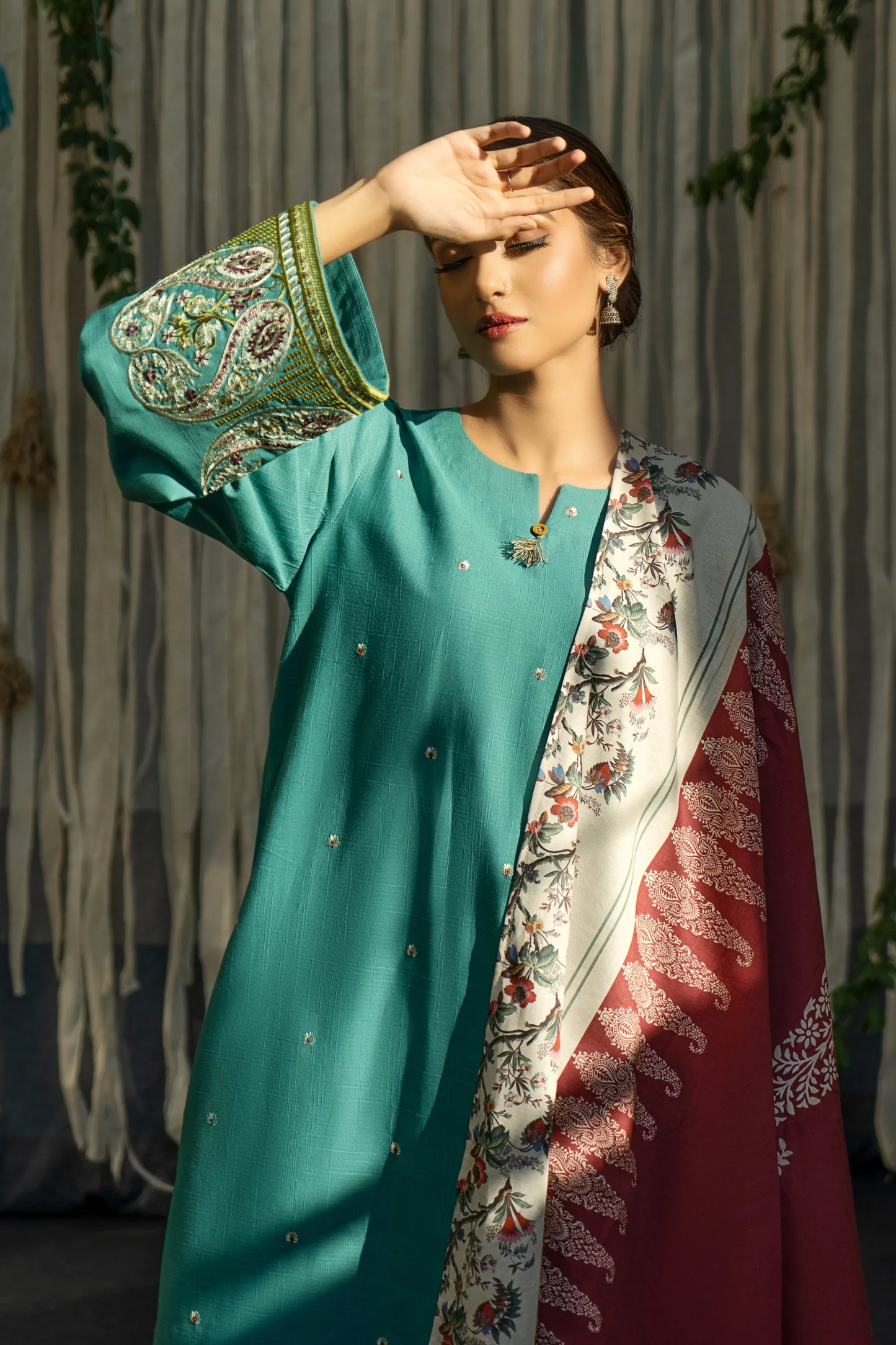 Urge - 3PC Dhanak Embroidered Shirt with Printed Wool Shawl and Embroidered Trousers- SP99