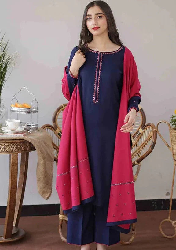 Embroidered 3Pc Dhanak Suit With Embroidered Shawl