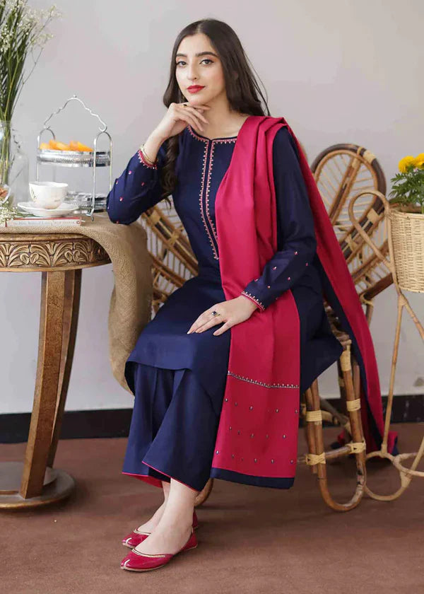 Embroidered 3Pc Dhanak Suit With Embroidered Shawl