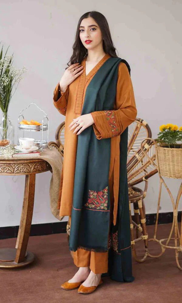 Embroidered 3Pc Dhanak Suit With Embroidered Shawl